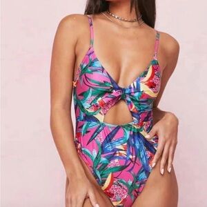 Nasty Gal Tropical Print One Piece Swimsuit - Green and Blue